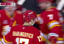 Flames Beat Hurricanes: Sharangovich Ends Win Streak Yegor Sharangovich Flames celebrate go-ahead goal against Hurricanes