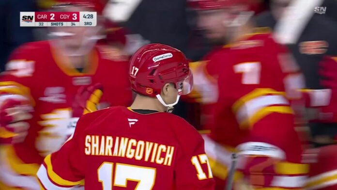 Yegor Sharangovich Flames go-ahead goal vs Hurricanes Yegor Sharangovich Flames celebrate go-ahead goal against Hurricanes