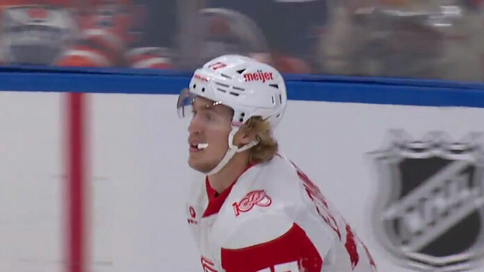 Simon Edvinsson Red Wings trade Simon Edvinsson Detroit Red Wings defenseman celebrates goal, unsigned RFA prefers trade