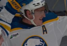 Tage Thompson Hat Trick Powers Sabres to Wild 7-6 Win Over Ducks Tage Thompson celebrates one of his hat trick goals for the Buffalo Sabres against the Anaheim Ducks