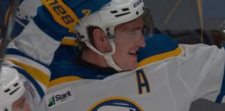 Tage Thompson Hat Trick Powers Sabres to Wild 7-6 Win Over Ducks Tage Thompson celebrates one of his hat trick goals for the Buffalo Sabres against the Anaheim Ducks