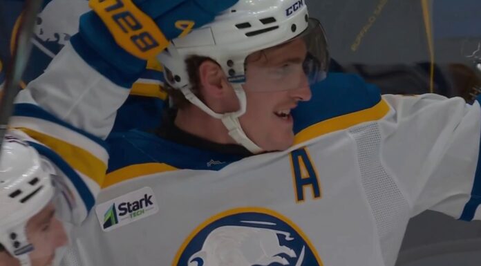 Tage Thompson Hat Trick Powers Sabres to Wild 7-6 Win Over Ducks Tage Thompson celebrates one of his hat trick goals for the Buffalo Sabres against the Anaheim Ducks