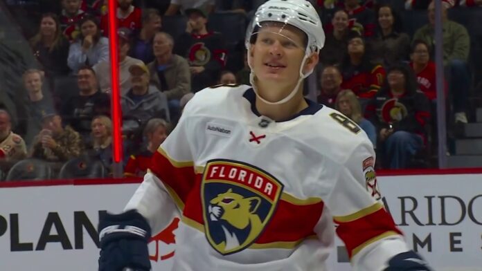 Brady Tkachuk goal reaction Ottawa return Brady Tkachuk smiling in Florida Panthers jersey after scoring in return to Ottawa