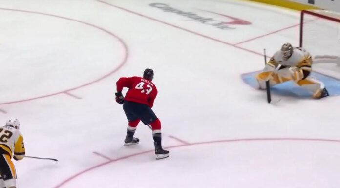 Tom Wilson’s 3 Points Lead Caps Past Pens in Ovechkin Opener Tom Wilson of the Washington Capitals skates in on Penguins goalie Arturs Silovs during Alex Ovechkin final home opener at Capital One Arena