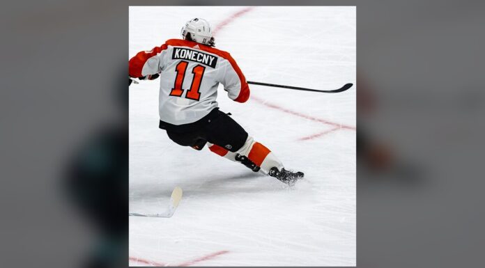 Travis Konecny Trade: Flyers Could Ask Him to Waive NMC Travis Konecny Flyers winger skating in white away jersey