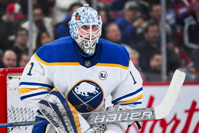 Ukko-Pekka Luukkonen Sabres Buffalo Sabres goalie Ukko-Pekka Luukkonen tracks the play during a game against the Montreal Canadiens at Bell Centre