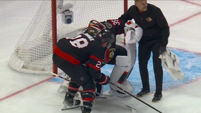 Ullmark helped off ice Senators Panthers Senators goalie Linus Ullmark helped off the ice by a trainer and Claude Giroux after lower-body injury vs. Panthers