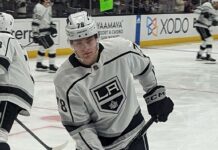 Kings Losing Streak: LA Is Now the NHL’s Only Winless Team Alex Laferriere handles the puck in warmups wearing a Los Angeles Kings white jersey