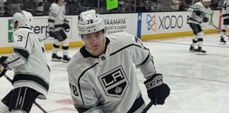 Kings Losing Streak: LA Is Now the NHL’s Only Winless Team Alex Laferriere handles the puck in warmups wearing a Los Angeles Kings white jersey