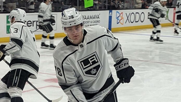 Alex Laferriere Los Angeles Kings warmup Alex Laferriere handles the puck in warmups wearing a Los Angeles Kings white jersey