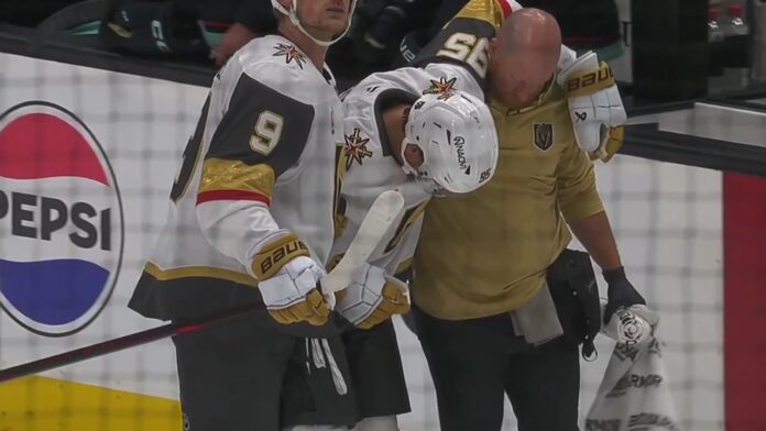 Victor Olofsson injury Golden Knights Kraken Victor Olofsson helped off the ice by Jack Eichel and a Golden Knights trainer after Ben Meyers boarding hit vs Kraken