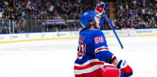 Glendening Signing: Rangers Give Veteran Center a PTO Rangers forward Will Cuylle celebrates a goal in the home blue sweater at Madison Square Garden