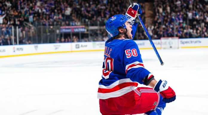 Glendening Signing: Rangers Give Veteran Center a PTO Rangers forward Will Cuylle celebrates a goal in the home blue sweater at Madison Square Garden
