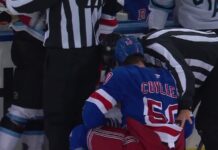Will Cuylle Hit on Dylan Guenther Sparks Fight With McBain Rangers forward Will Cuylle (50) held by linesmen after his hit from behind on Mammoth forward Dylan Guenther at Madison Square Garden