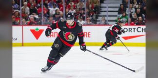 William Eklund Injury: Senators Winger Hurt in Home Opener Ottawa Senators winger Drake Batherson skates during a game at Canadian Tire Centre