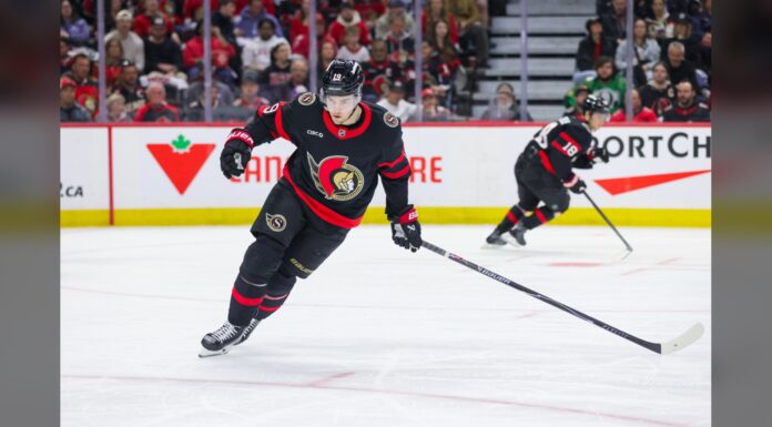 William Eklund Injury: Senators Winger Hurt in Home Opener Ottawa Senators winger Drake Batherson skates during a game at Canadian Tire Centre