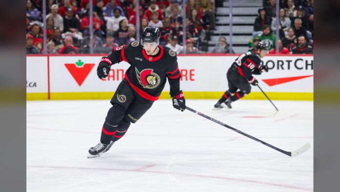 Drake Batherson Senators Eklund injury Ottawa Senators winger Drake Batherson skates during a game at Canadian Tire Centre